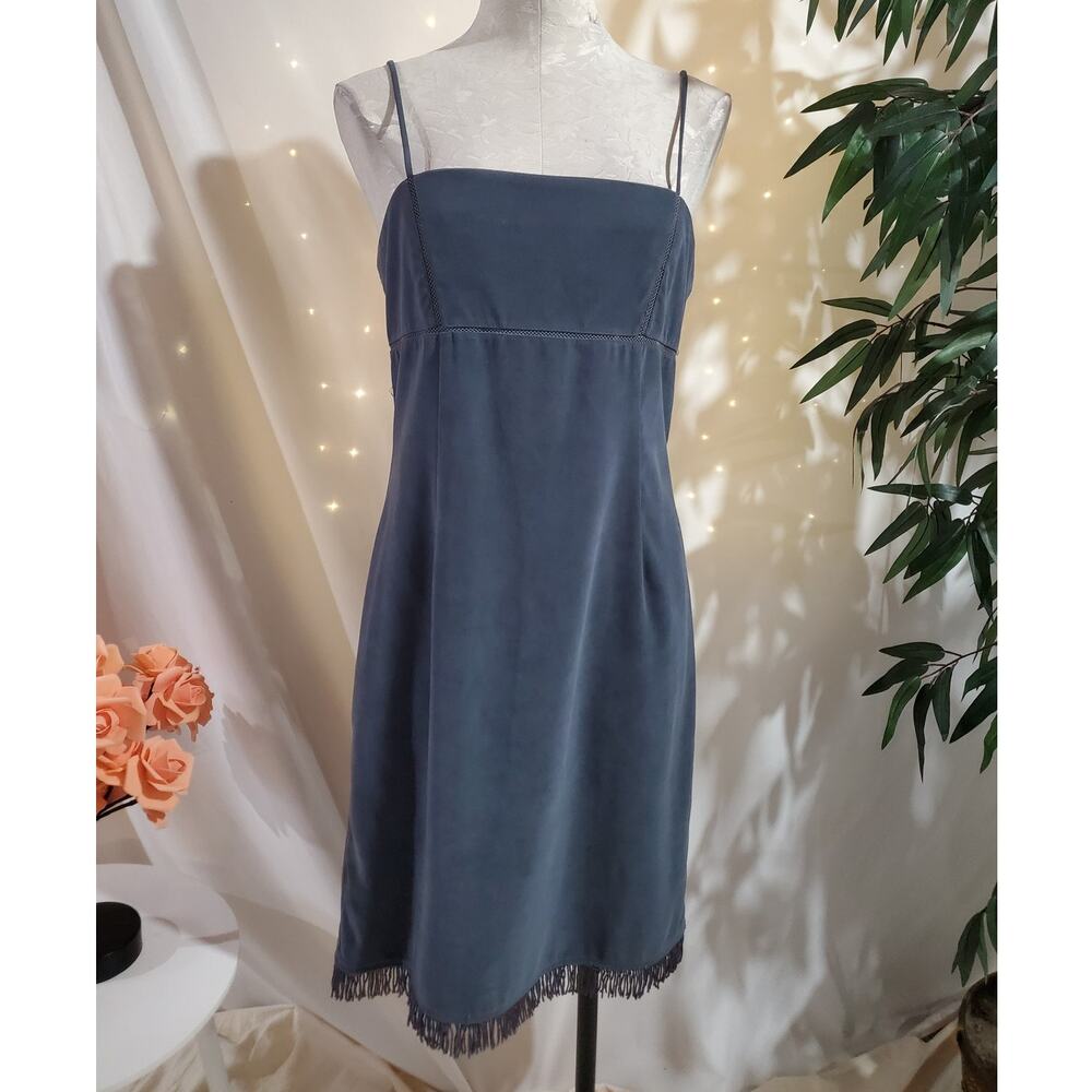 Vtg Rampage 90s Y2K Faux Suede Fringe Mesh Cutout Dress Junior Size 11 Blue Boho